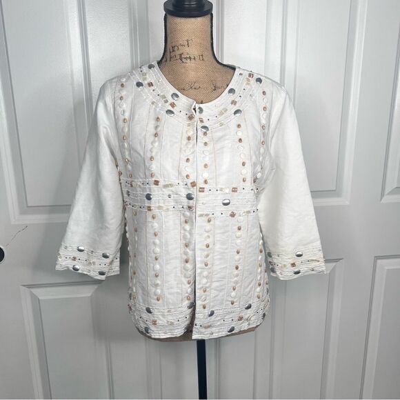 Sz M Gretchen Scott Linen Blend White Shell& Rock Embellished 3/4 Sleeve Blouse - Picture 3 of 16